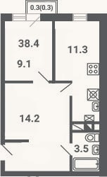 Планировка: 1-к, 38,1 м²