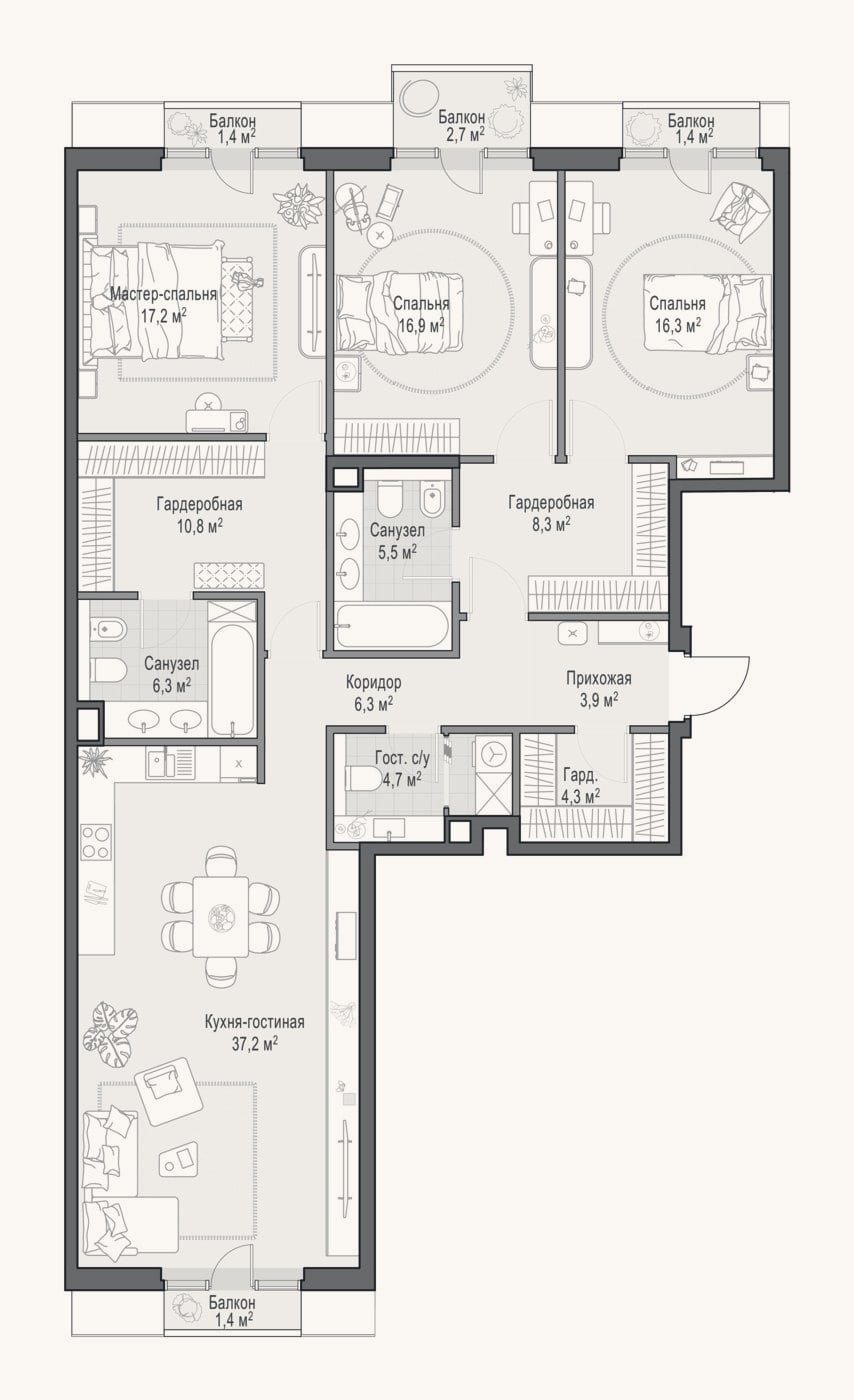 Планировка: 4+ к, 137,7 м²