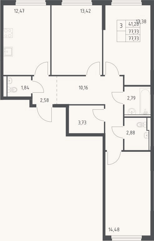 Планировка: 3-к, 77,7 м²