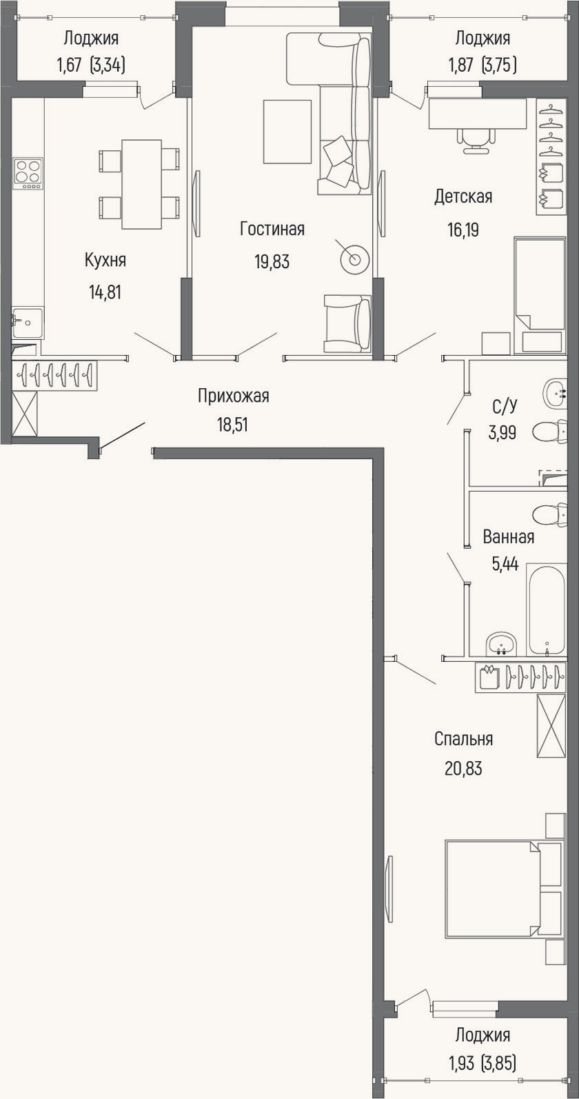 Планировка: 3-к, 99,6 м²