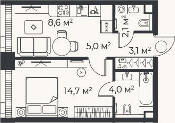 Планировка: 2-к, 37,5 м²