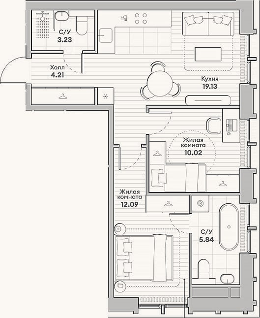 Планировка: 2-к, 54,5 м²