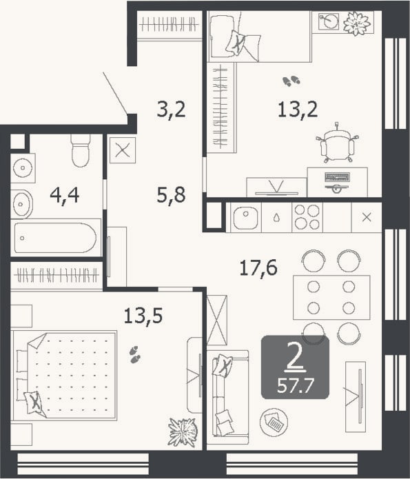 Планировка: 3-к, 57,7 м²