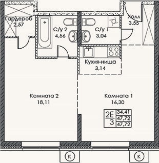 Планировка: 2-к, 51,3 м²