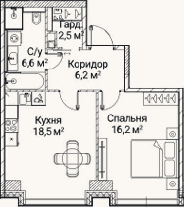Планировка: 1-к, 50,3 м²