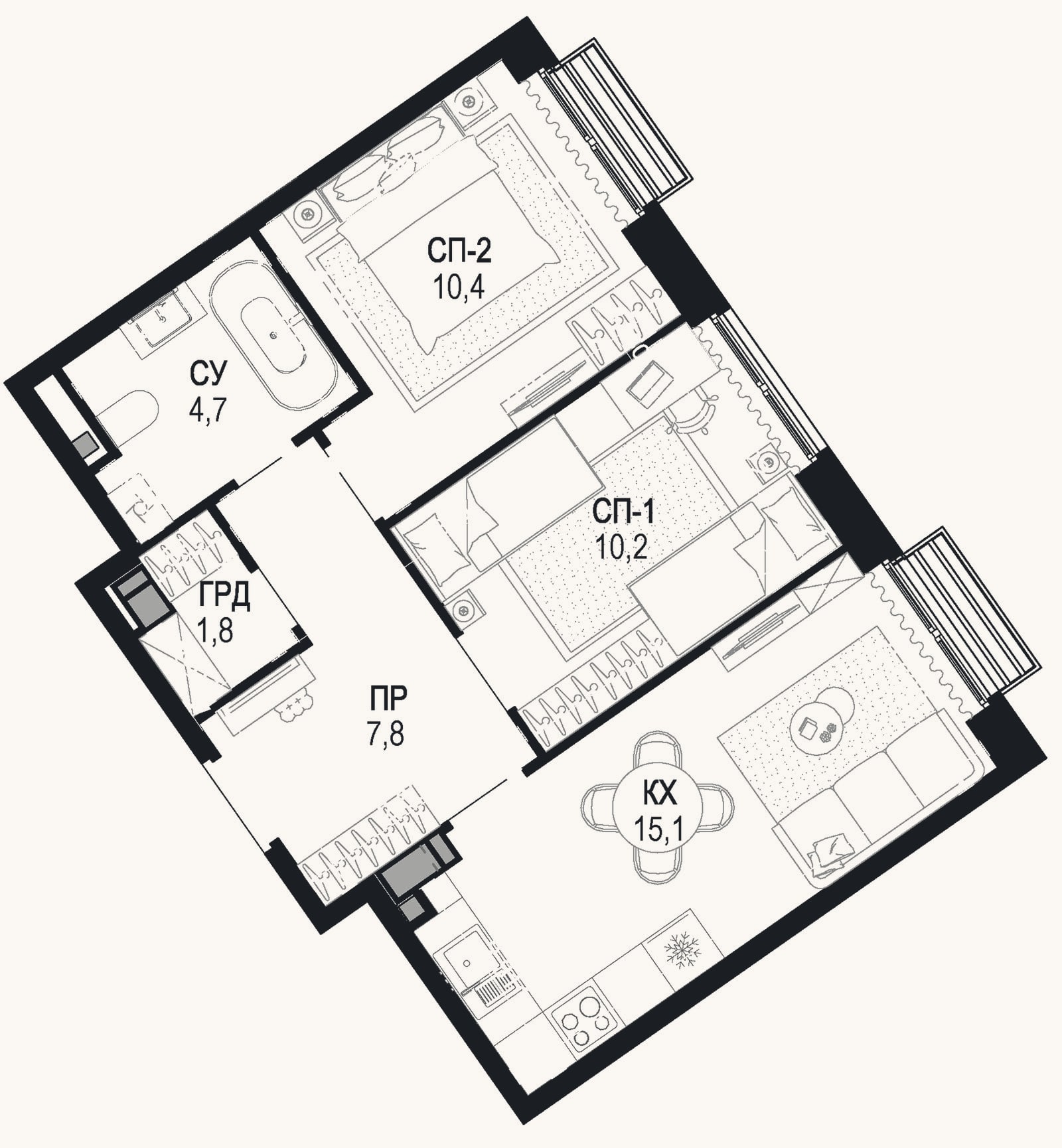 Планировка: 2-к, 50,1 м²