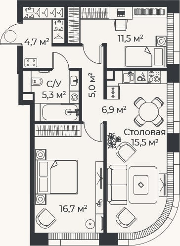 Планировка: 3-к, 65,6 м²