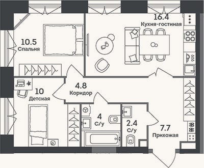 Планировка: 3-к, 55,8 м²