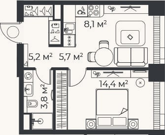 Планировка: 2-к, 36,2 м²