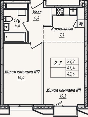 Планировка: 2-к, 45,4 м²