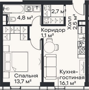 Планировка: 2-к, 40,9 м²