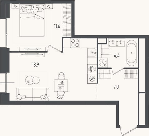 Планировка: 2-к, 41,9 м²