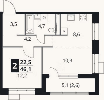 Планировка: 1-к, 43,5 м²