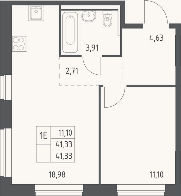 Планировка: 2-к, 41,3 м²