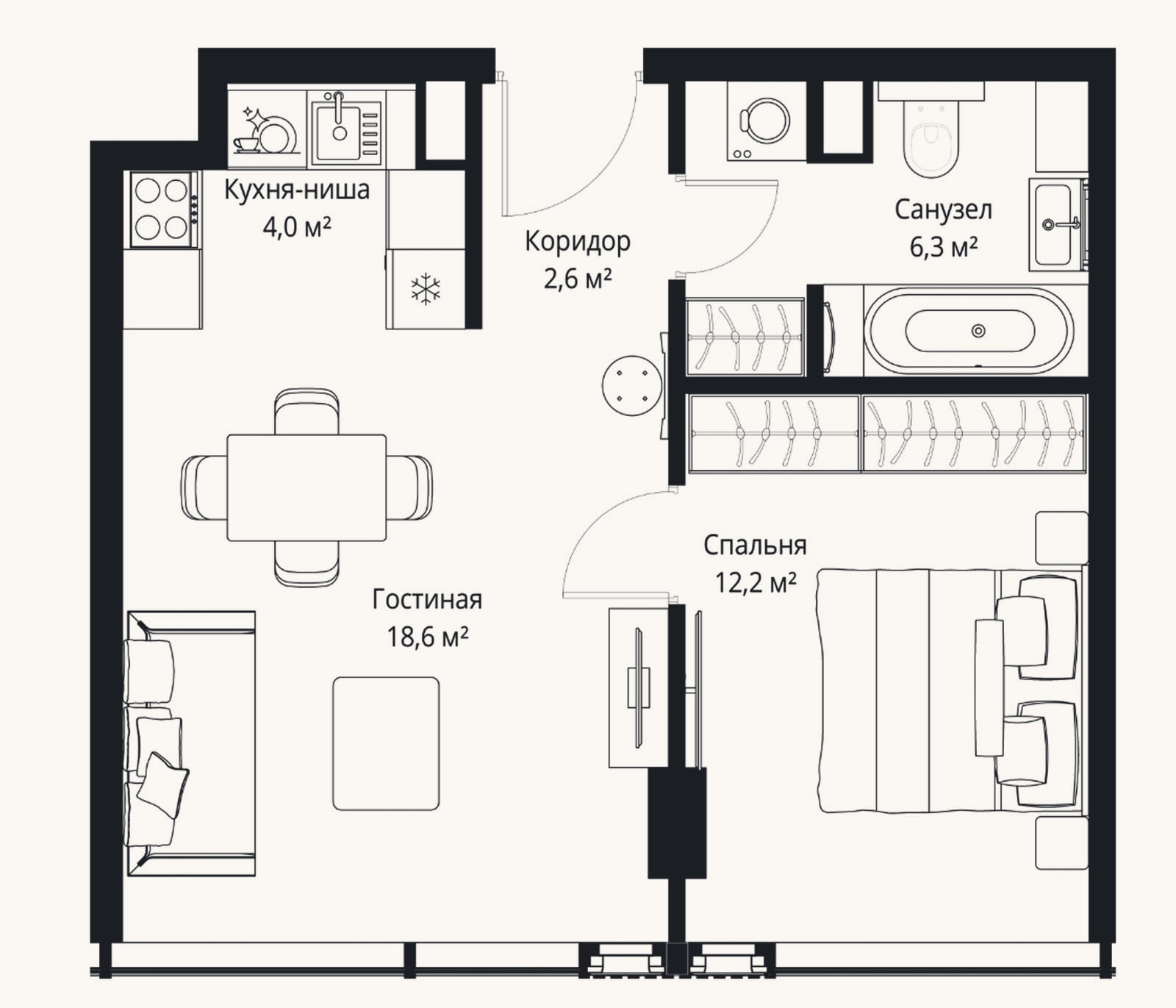 Планировка: 2-к, 43,7 м²