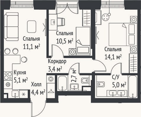 Планировка: 3-к, 56,1 м²