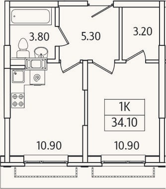 Планировка: 1-к, 34,1 м²