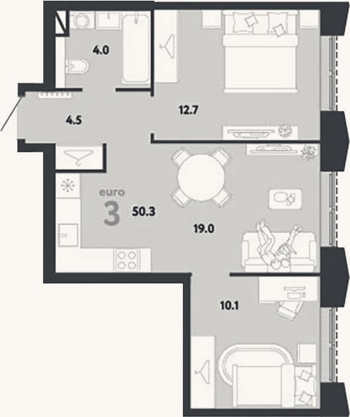 Планировка: 3-к, 50,3 м²