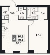 Планировка: 2-к, 59,1 м²