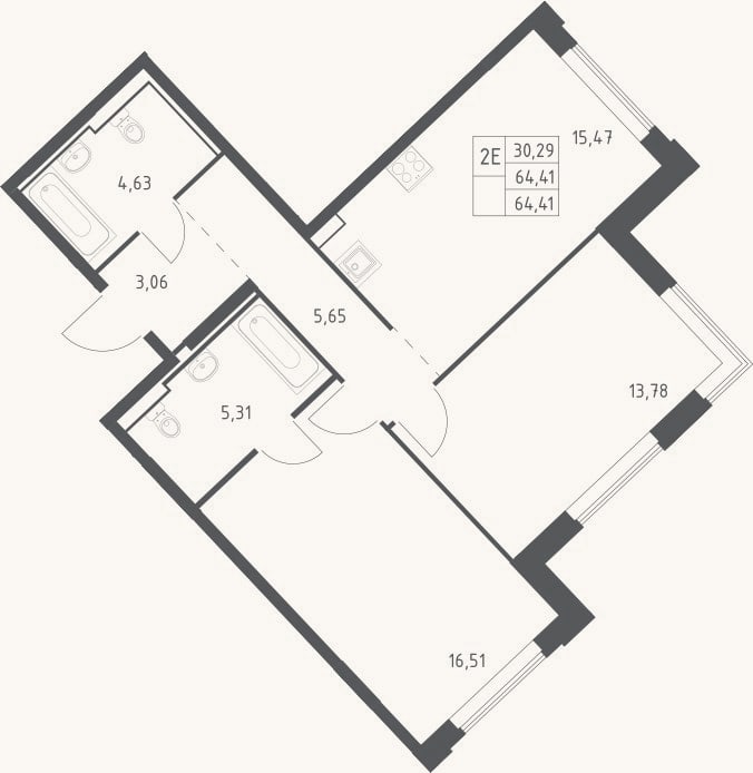 Планировка: 3-к, 64,4 м²