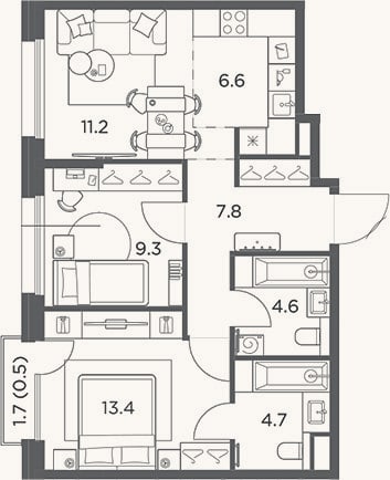 Планировка: 3-к, 57,6 м²