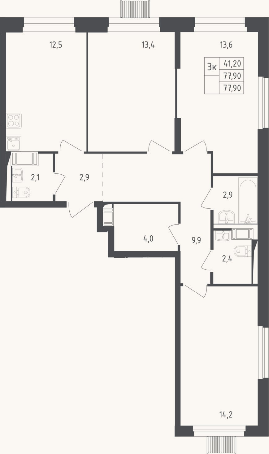 Планировка: 3-к, 76,9 м²