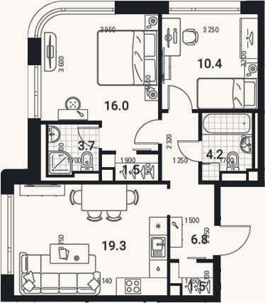 Планировка: 3-к, 63,2 м²
