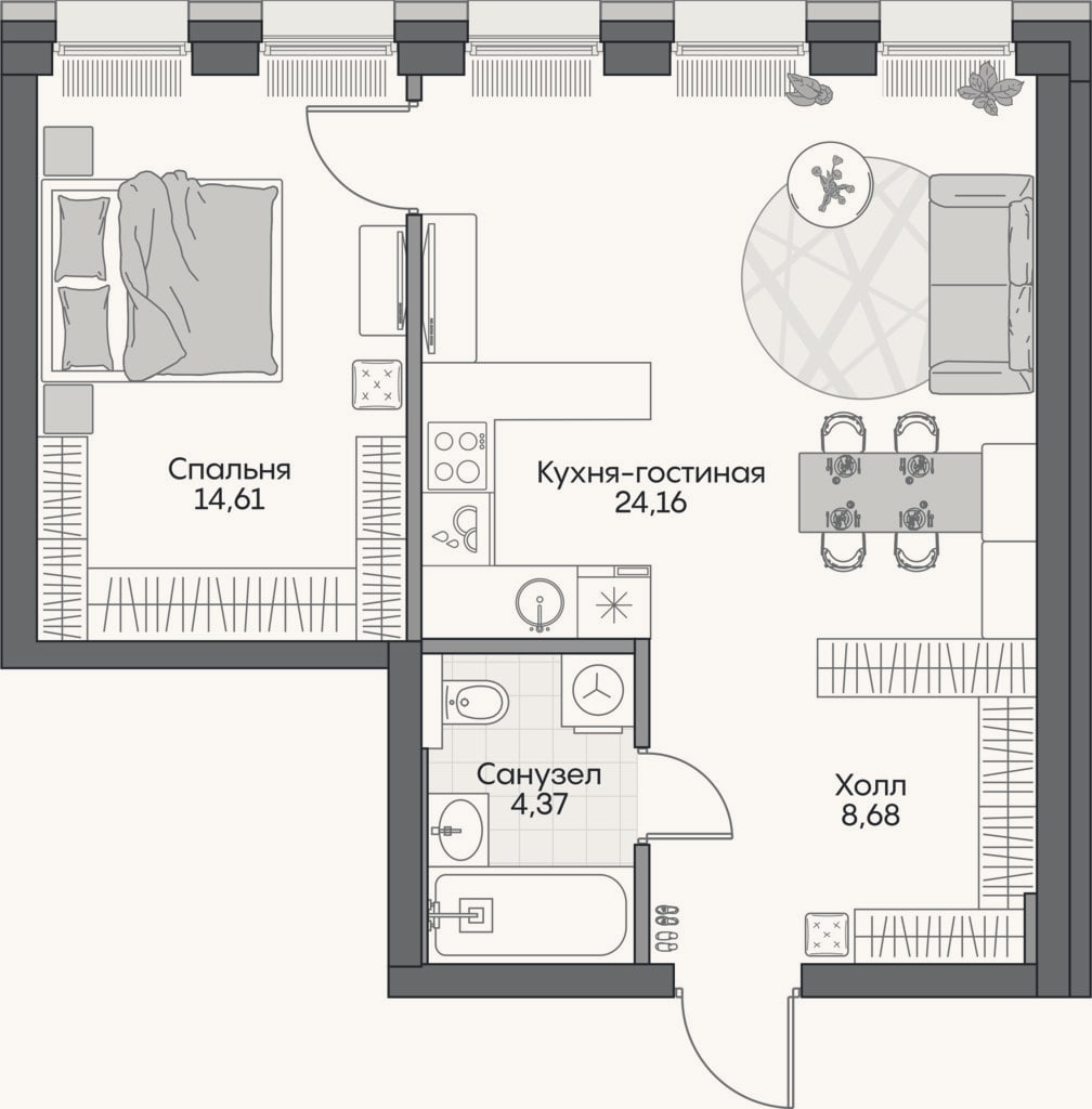 Планировка: 2-к, 50,5 м²