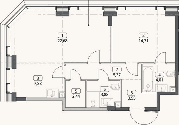 Планировка: 2-к, 64,5 м²