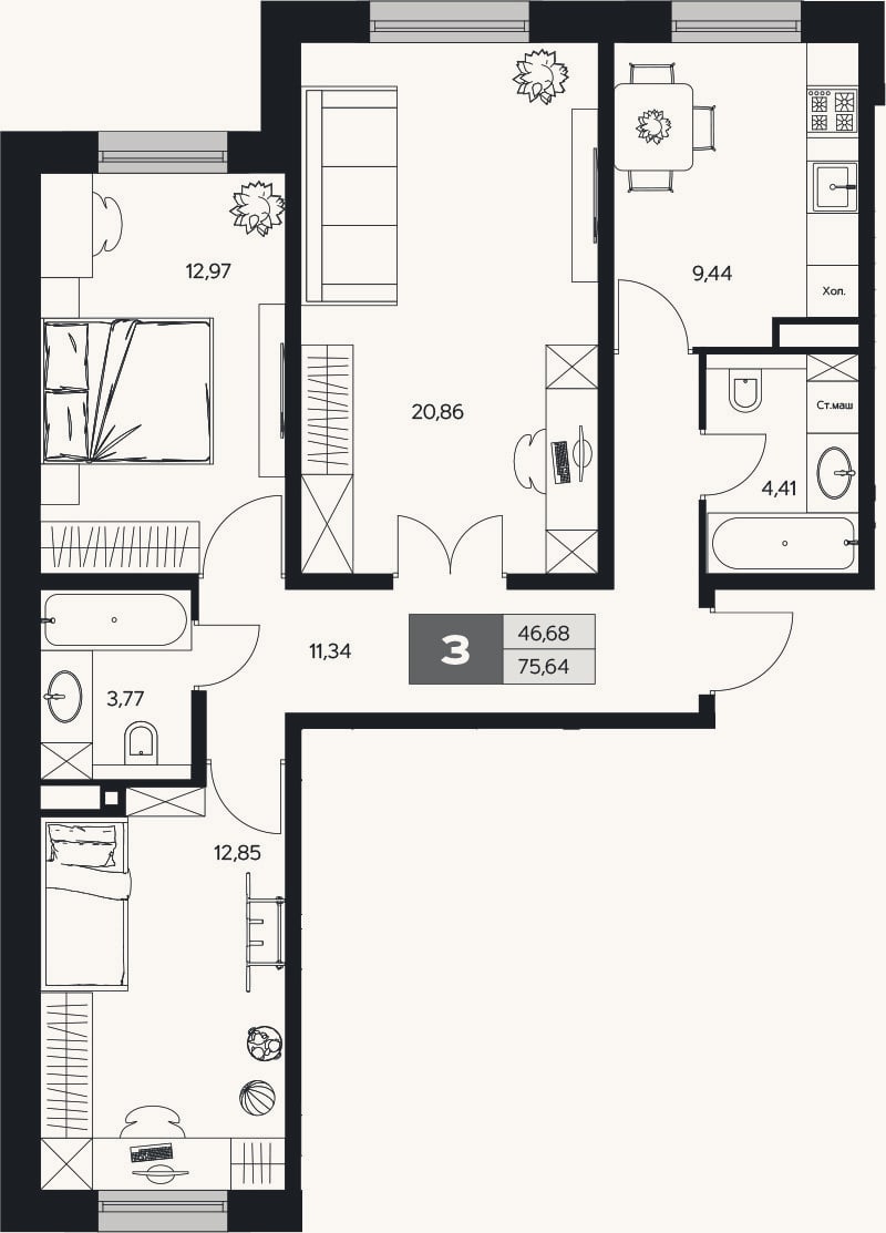 Планировка: 3-к, 75,6 м²