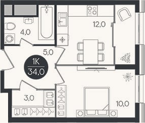 Планировка: 1-к, 34 м²