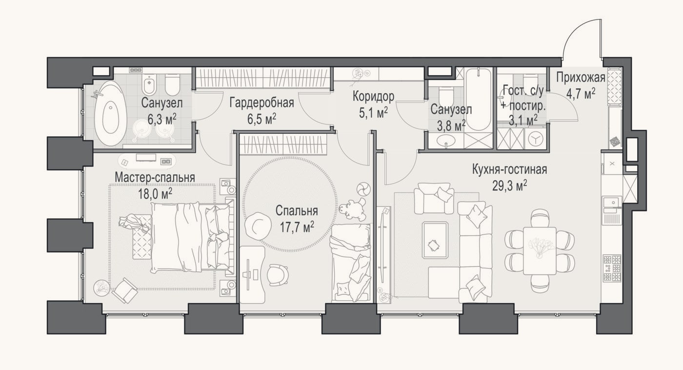 Планировка: 3-к, 95,2 м²