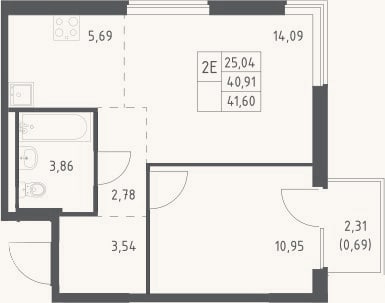 Планировка: 2-к, 40,9 м²