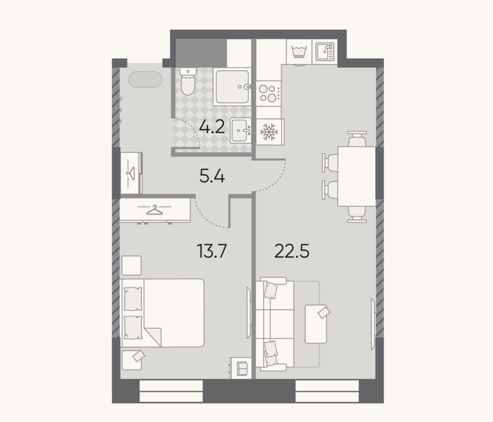 Планировка: 2-к, 45,8 м²