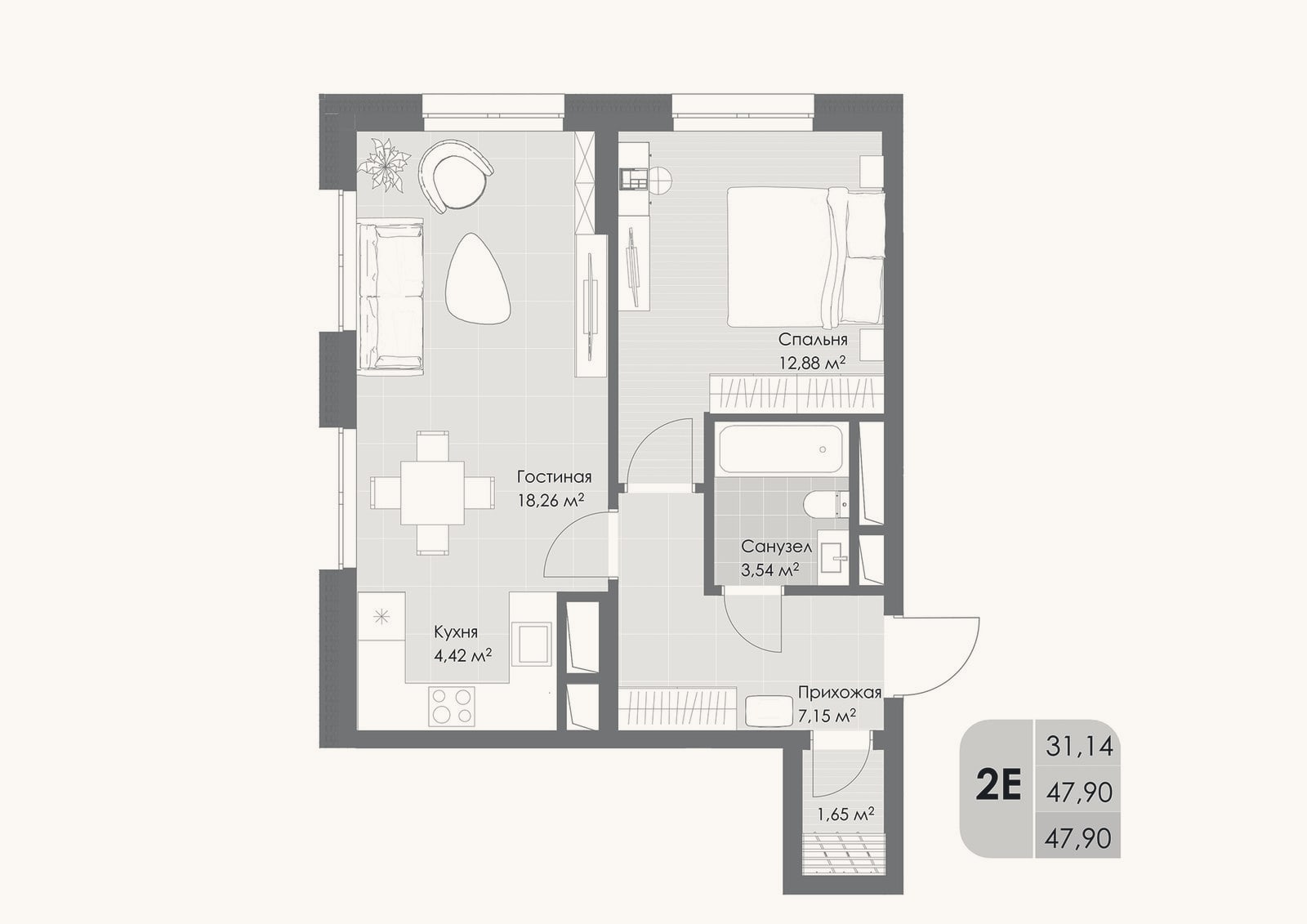 Планировка: 2-к, 47,9 м²