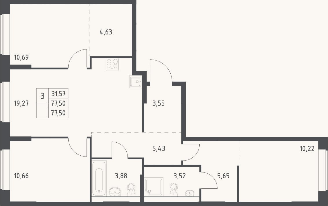 Планировка: 4+ к, 77,5 м²