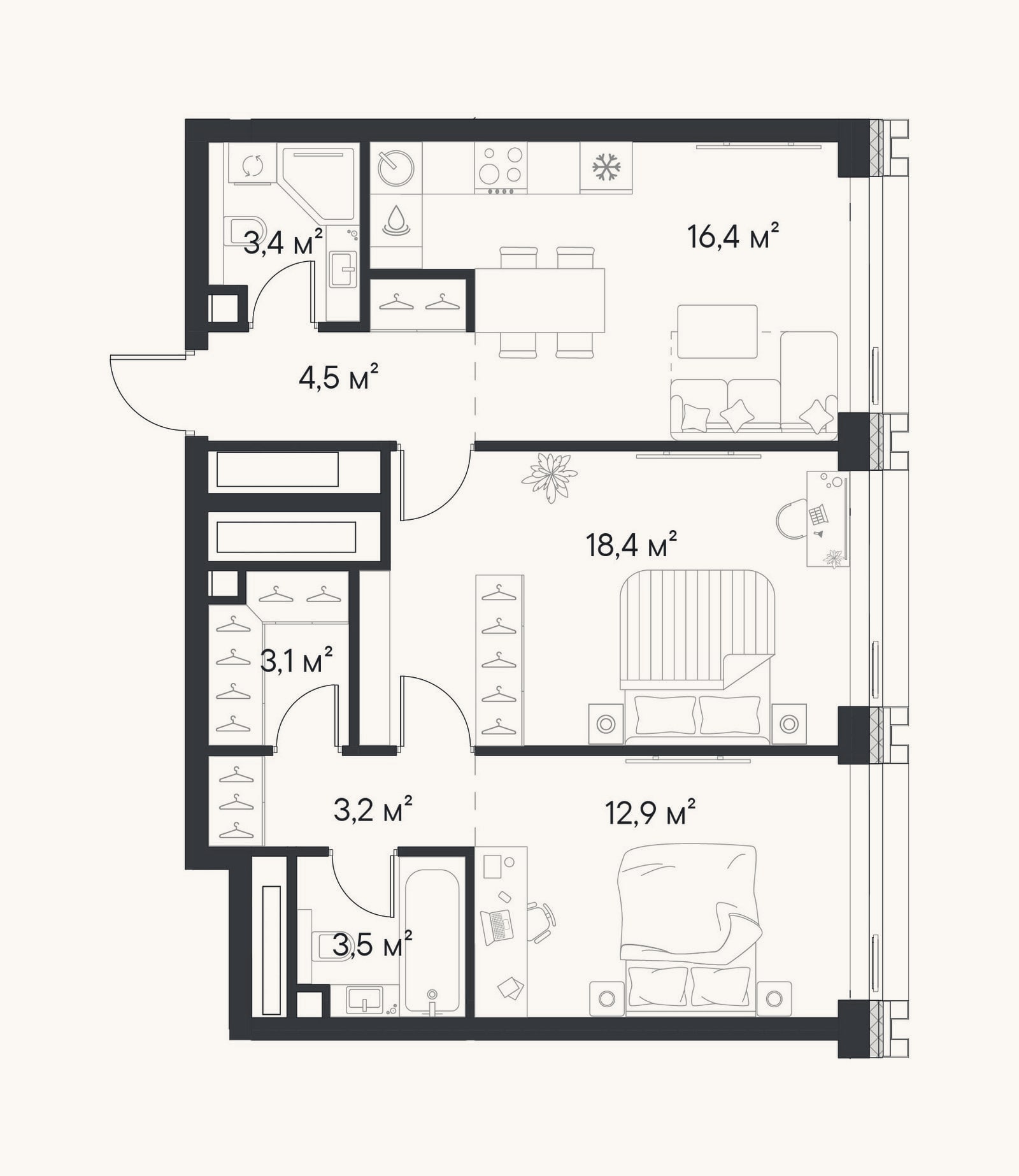 Планировка: 2-к, 65,4 м²