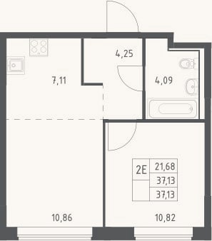 Планировка: 2-к, 37,1 м²