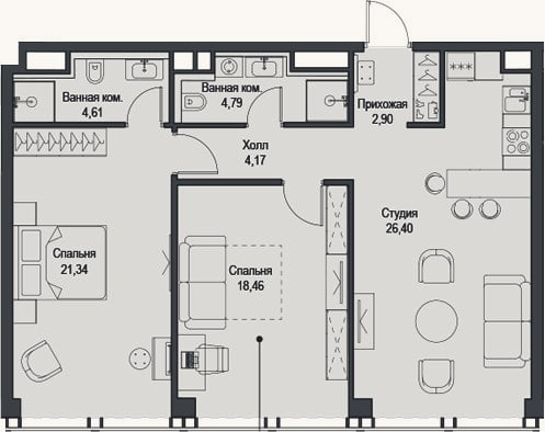 Планировка: 3-к, 82,7 м²