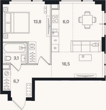 Планировка: 2-к, 46,1 м²