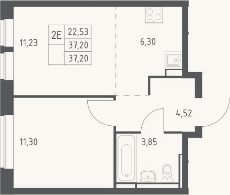 Планировка: 2-к, 37,2 м²