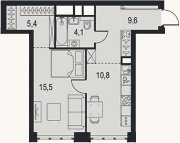 Планировка: 1-к, 45,4 м²