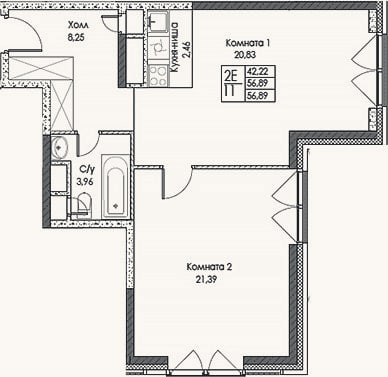 Планировка: 2-к, 56,9 м²