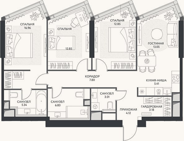 Планировка: 4+ к, 91,5 м²