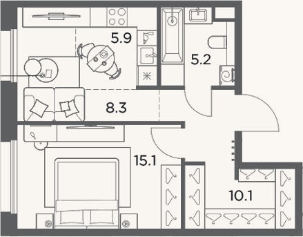 Планировка: 2-к, 44,6 м²