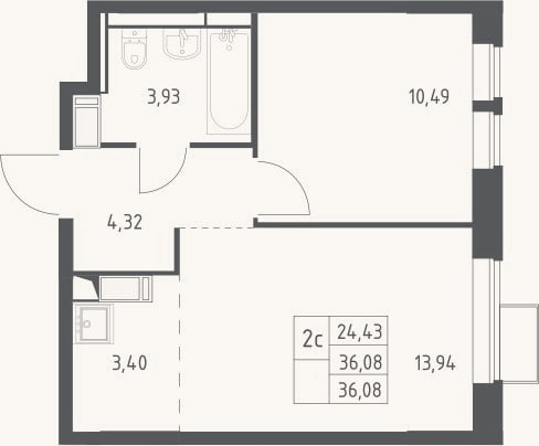 Планировка: 2-к, 36,1 м²