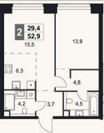 Планировка: 2-к, 52,9 м²