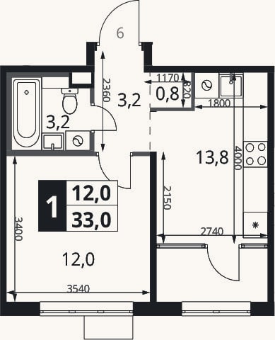 Планировка: 1-к, 33 м²