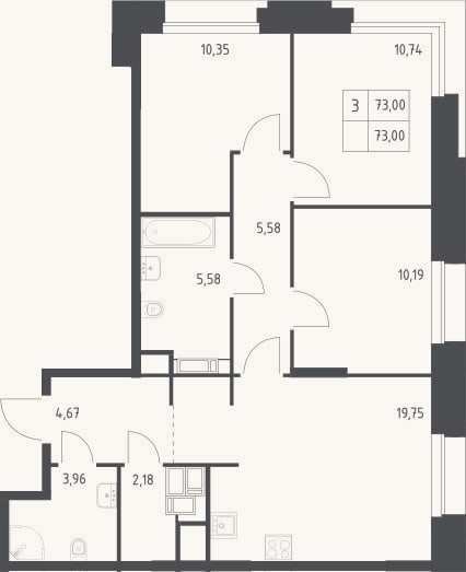 Планировка: 3-к, 73 м²