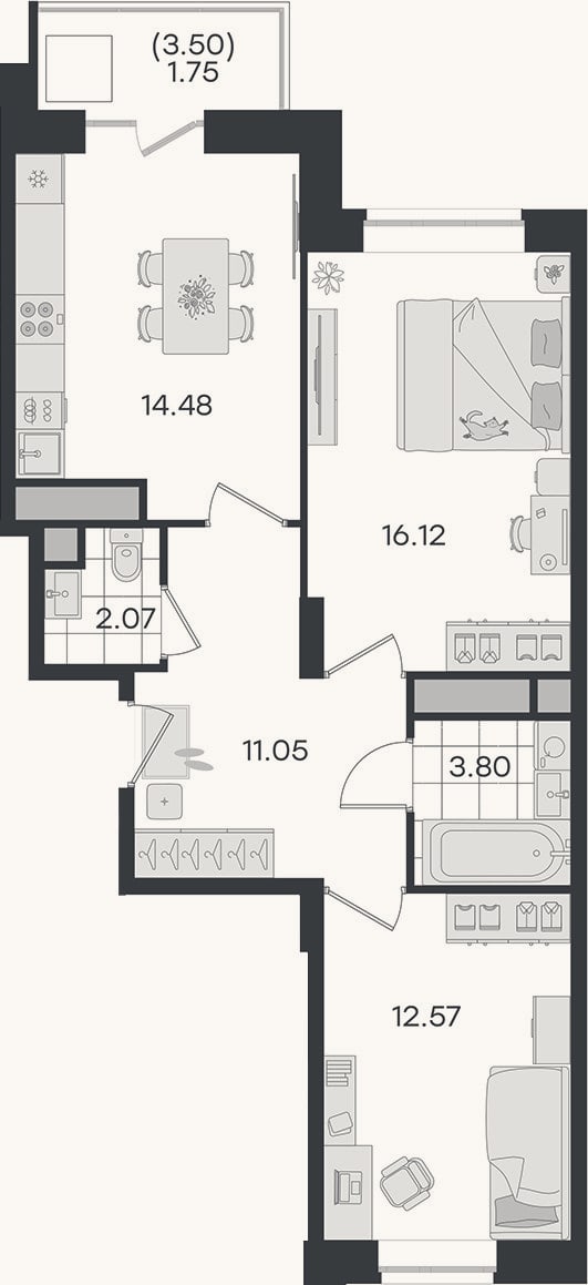 Планировка: 2-к, 60,1 м²